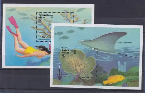 Turks & Caicos Inseln Korallen, Rochen, Fische Mi.-Nr. Block 184-185  ** / MNH 