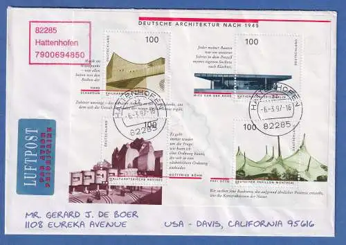Bundesrepublik 1997 Architektur-Block portoger. Einzelfrankatur auf Lp-Brief USA