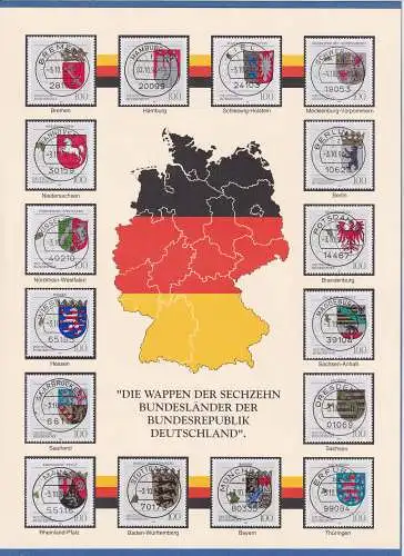 Bundesrepublik 1992-94 Wappen der Länder Satz 16 Werte auf A4-Schmuckblatt
