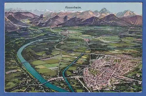 Alte AK Bayern Rosenheim Luftansicht mit Alpen und Inn, ungelaufen 