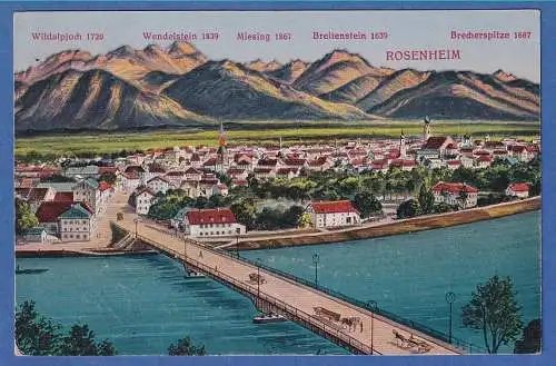 Alte AK Bayern Rosenheim Stadtansicht mit Innbrücke und Wendelstein, gel. 1928