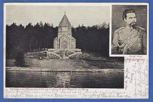 Alte AK Bayern Starnberger See Votivkirche für König Ludwig II. gelaufen 1909 