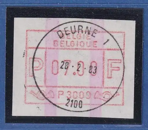 Belgien FRAMA-ATM P3009 mit ENDSTREIFEN mit Voll-O DEURNE 28.2.83 Wert 07,00