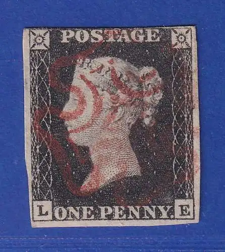 Großbritannien 1840 One Penny Black  Mi.-Nr. 1 mit rotem Malteserkreuz