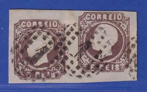 Portugal 1862 König Luis I. 5 Reis Mi.-Nr. 12 II waag. Paar m. Punktrost-Nr.-O 1