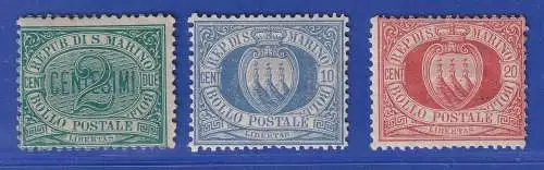 San Marino 1877 Ziffer und Landeswappen Mi.-Nr. 1, 2a, 3 ungebraucht *