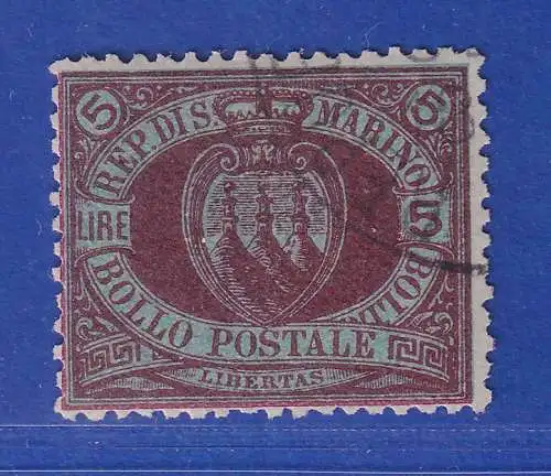 San Marino 1894 Landeswappen 5 Lire  Mi.-Nr. 22 gestempelt