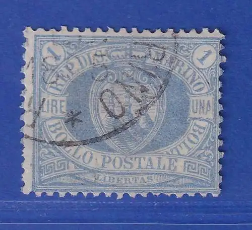 San Marino 1894 Landeswappen 1 Lira hellblau Mi.-Nr. 31 gestempelt  