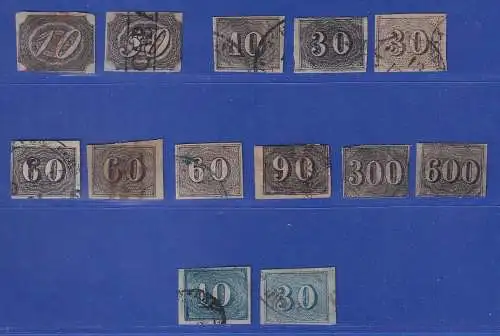 Brasilien Lot 13 Werte Ziffern Ziegen- und Katzenaugen / verticais 1847 gestemp.