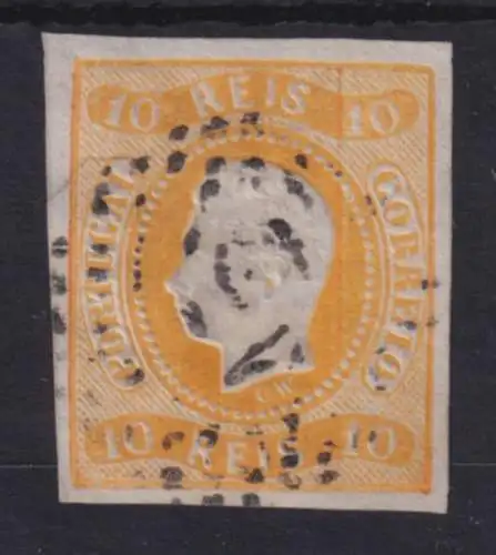 Portugal 1866 Freimarke König Luis I. 10 Reis gelb Mi.-Nr. 18 mit Punktrost-O 