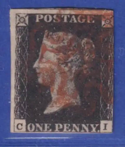 Großbritannien 1840 One Penny Black Mi.-Nr. 1 mit rotem Malteserkreuz-Stempel