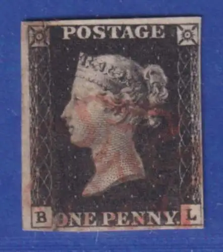 Großbritannien 1840 One Penny Black Mi.-Nr. 1 zarter roter Malteserkreuz-Stempel