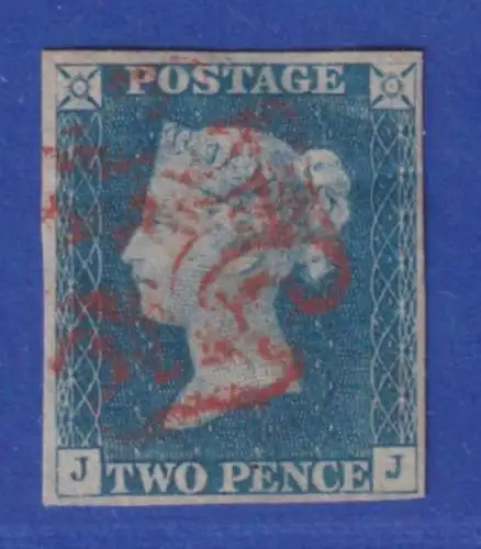 Großbritannien 1840 Two Pence Blue Mi.-Nr. 2 mit rotem Malteserkreuz-Stempel