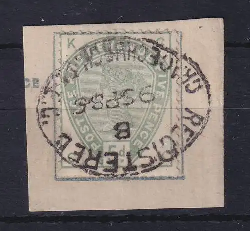Großbritannien 1884 Queen Victoria 5 Pence graugrün Mi.-Nr. 78  O auf Briefstück