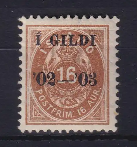 Island 1902/03 Ziffer und Krone mit Aufdruck 16 Aurar Mi.-Nr. 29B ungebraucht *