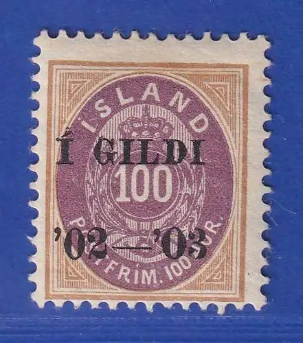 Island 1904 Ziffer und Krone mit Aufdruck 100 Aurar Mi.-Nr. 34ND Neudruck *