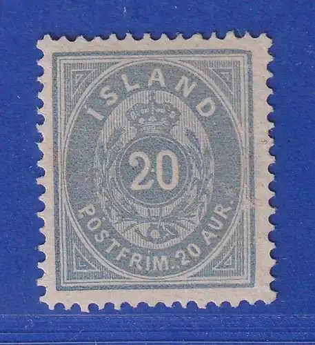 Island 1885 Ziffer und Krone 20 Aurar blau Mi.-Nr 14Aa ungebraucht oh. Gummi(*)