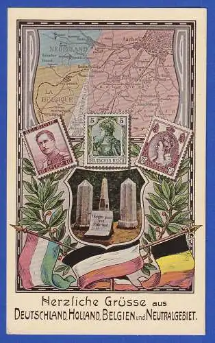 Feldpost 1.Weltkrieg Grußkarte aus dem Vierländereck D, NL, B, Neutral-Moresnet