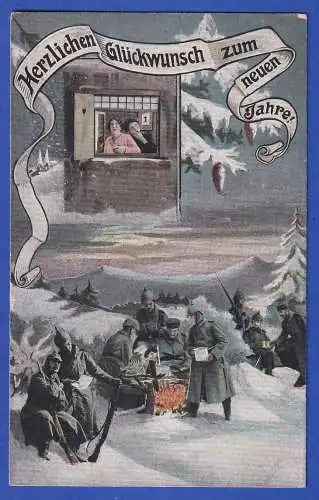 Feldpost 1.Weltkrieg Neujahrsgrußkarte Soldaten am Lagerfeuer als Feldpost 1914