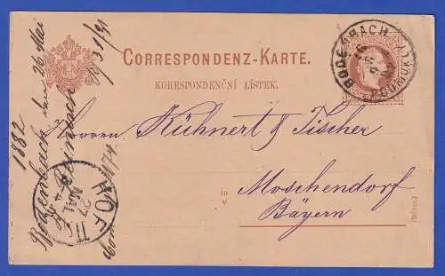 Österreich-Ungarn GA Correspondenz-Karte O BODENBACH nach Hof-Moschendorf 1882
