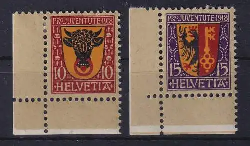 Schweiz 1918 Pro Juventute Wappen Mi.-Nr. 143-144 Eckrandstücke UL ungebraucht *