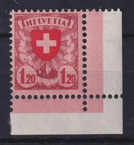 Schweiz 1924 Wappenschild 1.20 Fr Mi.-Nr. 195 X I Eckrandstück UR postfrisch **