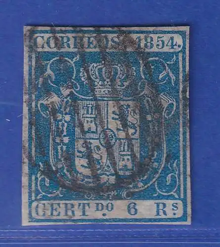 Spanien 1854 Wappen und Krone 6 R blau Mi.-Nr. 30w mit Ellipsenrost-O
