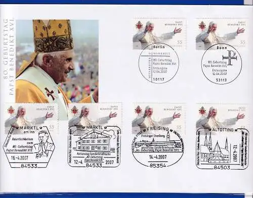 2007, Papst Benedikt XVI. zum 80. Geburtstag, Schmuckbrief mit 6 Marken So.-O 