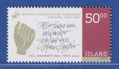 Island 1998 Menschenrechte, Hand bildet Faust, Sprichwort Mi.-Nr. 899 **