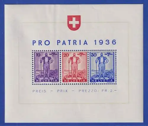 Schweiz 1936 PRO PATRIA  Mi.-Nr. Block 2 ungebraucht *