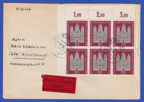 Bund 1956 Maria Laach Mi.-Nr. 238 ER-Sechserblock als MEF auf Eilbrief O MÜNCHEN