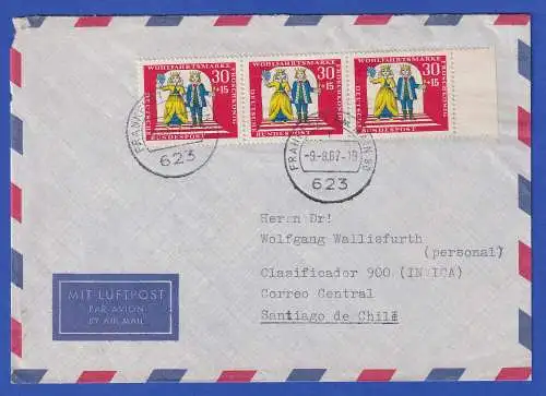 Bund 1966 Märchen Mi.-Nr. 525  3er-Streifen als MEF auf LP-Brief nach Chile