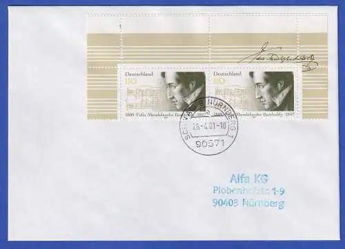 Bund 1997 Felix Mendelssohn-Bartholdy Mi.-Nr. 1953 L Paar auf Brief O SCHWAIG 