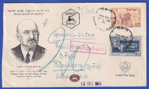 Israel 1949 GA Umschlag mit Zufrankatur - Nachtaxierter Brief O HAIFA nach Dtl.