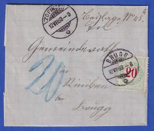 Schweiz 1883 Nachtaxierter Brief mit Portomarke Mi.-Nr. 19 II AXaK O BRUGG