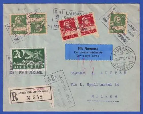 Schweiz 1925 MiF mit u.a. Mi.-Nr. K 18 auf Luftpost-R-Brief O LAUSANNE