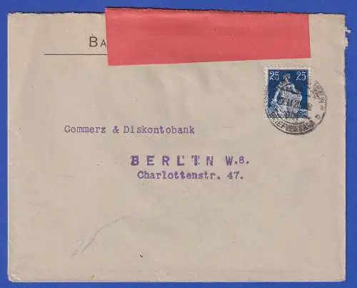 Schweiz 1920 Zensierter Geschäftsbrief der BANK IN SCHAFFHAUSEN nach Berlin