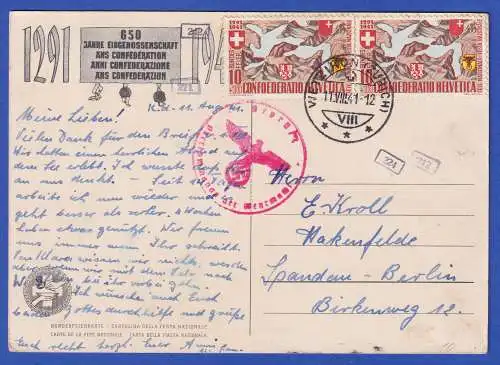 Schweiz 1941 Zensierte Bilpostkarte 650 Jahre Eidgenossenschaft O WETZIKON