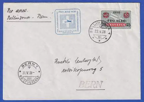 Schweiz 1938 PRO AERO Mi.-Nr. 325 auf LP-Brief O BELLINZONA und So.-O 