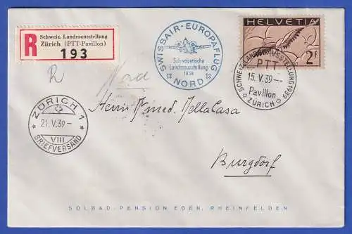 Schweiz 1930 Brieftaube Mi.-Nr. 245z auf LP-R-Brief m. So.-O ZÜRICH und SWISSAIR