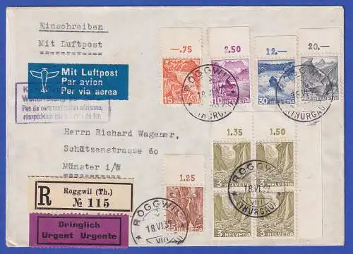 Schweiz 1936 Mi.-Nr. 297,299,300,302,303,305 Oberränder auf LP-R-Brief O ROGGWIL
