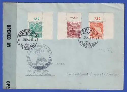 Schweiz Mi.-Nr. 298-300 Eckrandstücke auf Zensurbrief O ZÜRICH nach Marburg 1946
