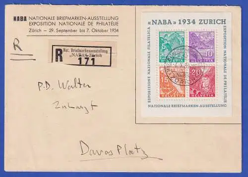 Schweiz 1934 NABA Mi.-Nr. Block 1 auf R-Brief mit So.-O ZÜRICH nach Davos