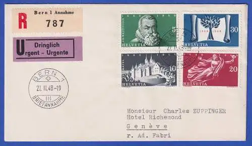 Schweiz 1948 Bundesstaat Mi.-Nr. 496-499 auf R-Eil-FDC O BERN gelaufen nach Genf