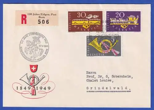 Schweiz 1949 Postjubiläum Mi.-Nr. 519-521 auf R-Brief mit So.-O BERN 
