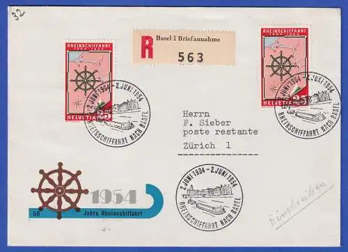 Schweiz 1954 Rheinschiffahrt Mi.-Nr. 595 als MEF auf R-Brief mit So.-O BASEL