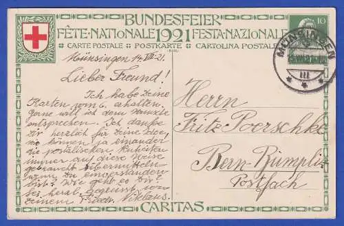 Schweiz 1921 GA Postkarte Caritas Mi.-Nr. P 81 O MÜNSINGEN gelaufen nach Bern