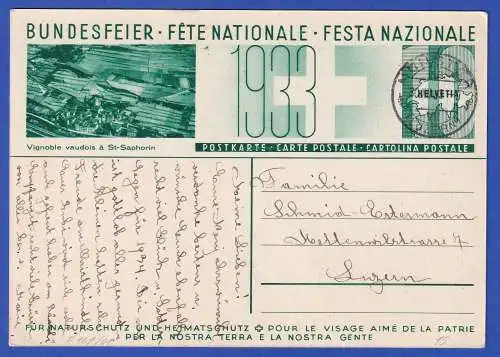 Schweiz 1933 GA Postkarte Bundesfeier O MÜNSTER (LUZERN) gelaufen nach Luzern