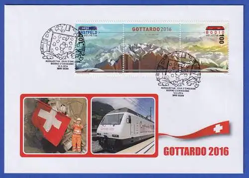 Schweiz 2016 Gotthard-Basistunnel Mi.-Nr. 2443-2444 Dreierstreifen a. FDC O BERN