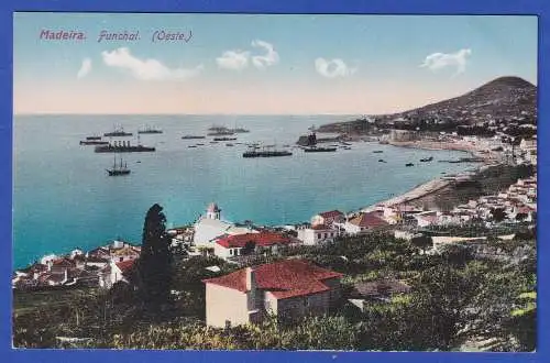 Alte AK Madeira Funchal Hafen mit Kriegsschiffen ungebraucht